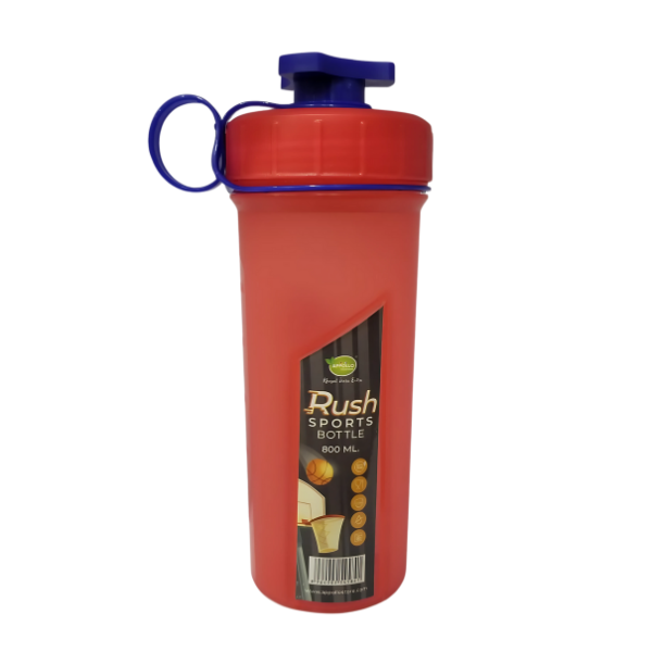 A red sports bottles with a blue cap and handle, labeled "Rush Sports Bottle 800 ML." The bottle has a basketball themed graphics and is placed on a white background.
