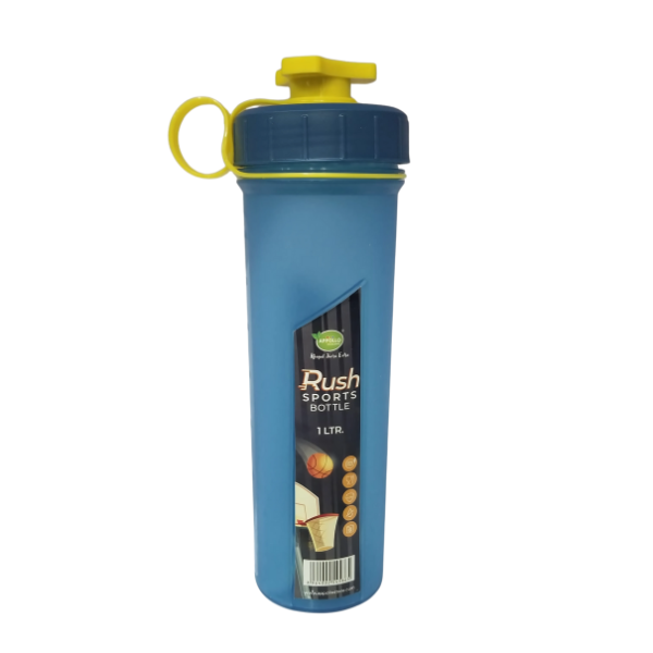 A blue sports bottle with a yellow cap and handle, labeled "Rush Sports Bottle 1 Ltr." the bottle features the basket ball-themed graphics and is placed against a white background.