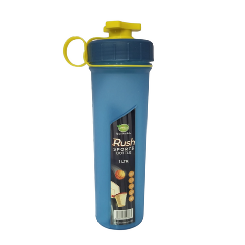 A blue sports bottle with a yellow cap and handle, labeled "Rush Sports Bottle 1 Ltr." the bottle features the basket ball-themed graphics and is placed against a white background.