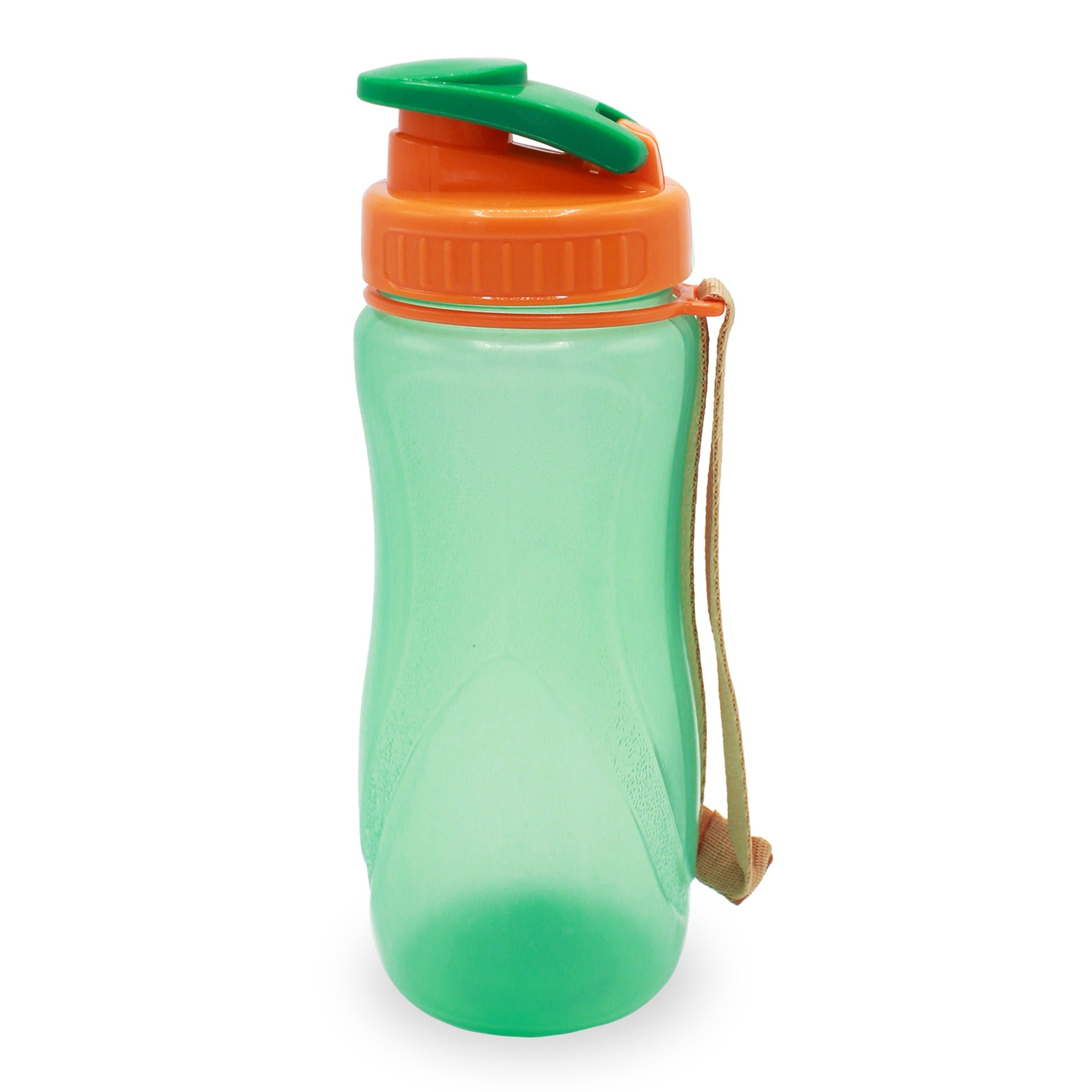 A green water bottle with an orange cap, featuring a textured design and a beige carrying strap. the bottle is placed on a white background.