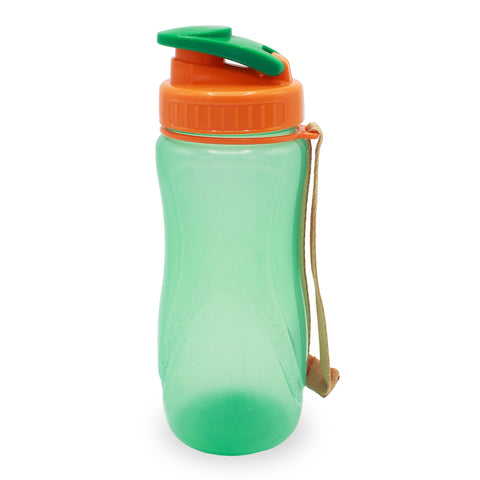 A green water bottle with an orange cap, featuring a textured design and a beige carrying strap. the bottle is placed on a white background.