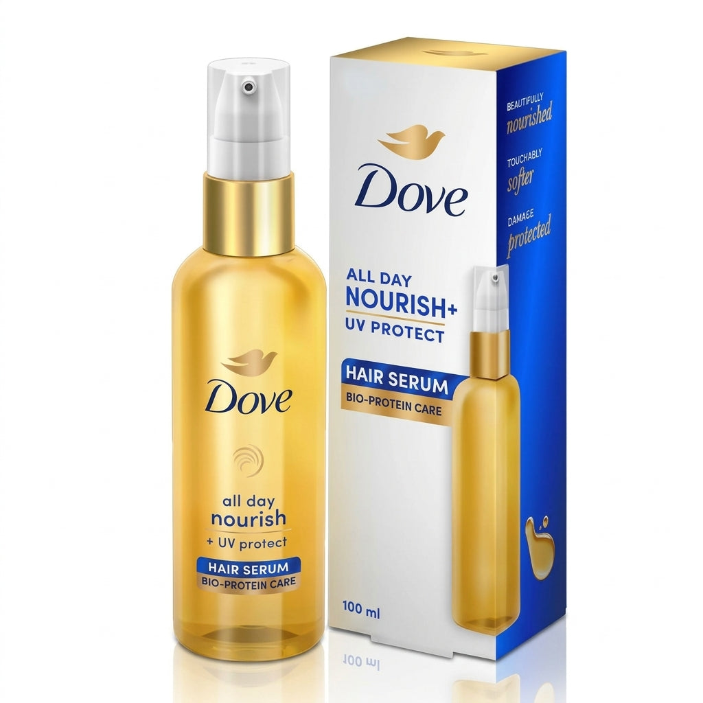 Bottle of Dove All Day Nourish+ UV Protect Hair Serum 100ml