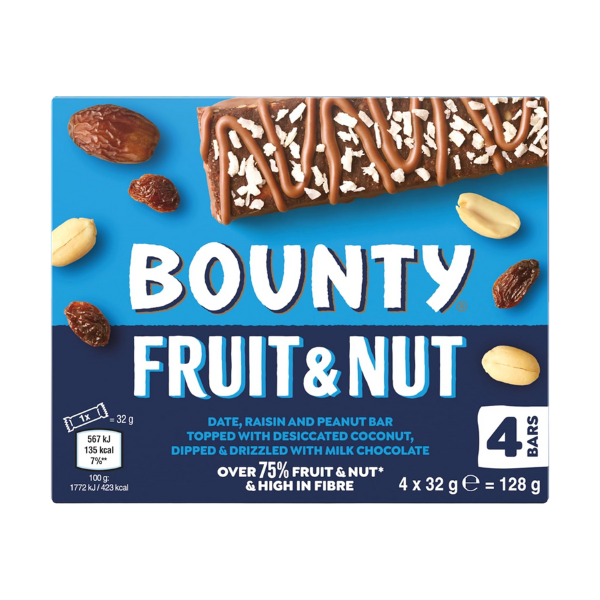 Bounty Fruit And Nut Chocolate 4 Bars 128g