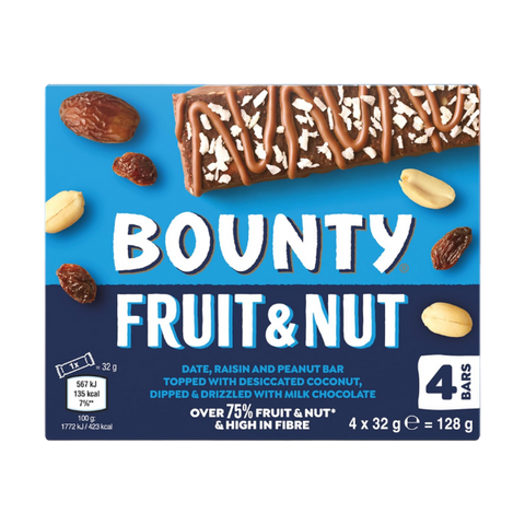 Bounty Fruit And Nut Chocolate 4 Bars 128g