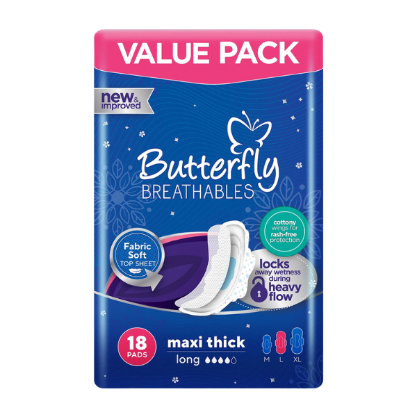 Butterfly Breathables Maxi Thick Fabric Soft Sanitary Long Pads 18 Pcs