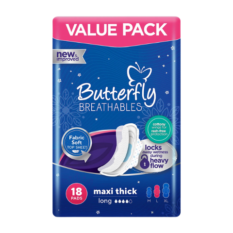 Butterfly Breathables Maxi Thick Fabric Soft Sanitary Long Pads 18 Pcs