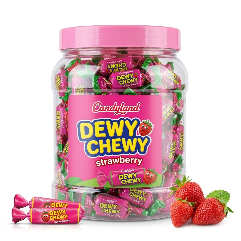 Candyland Dewy Chewy Strawberry candy jar with 50 pieces