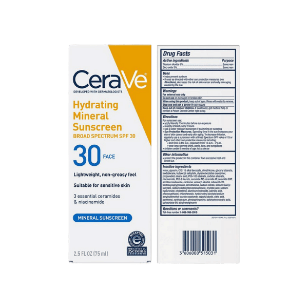 Cerave Hydrating Mineral Sunscreen SPF 30 75ml.