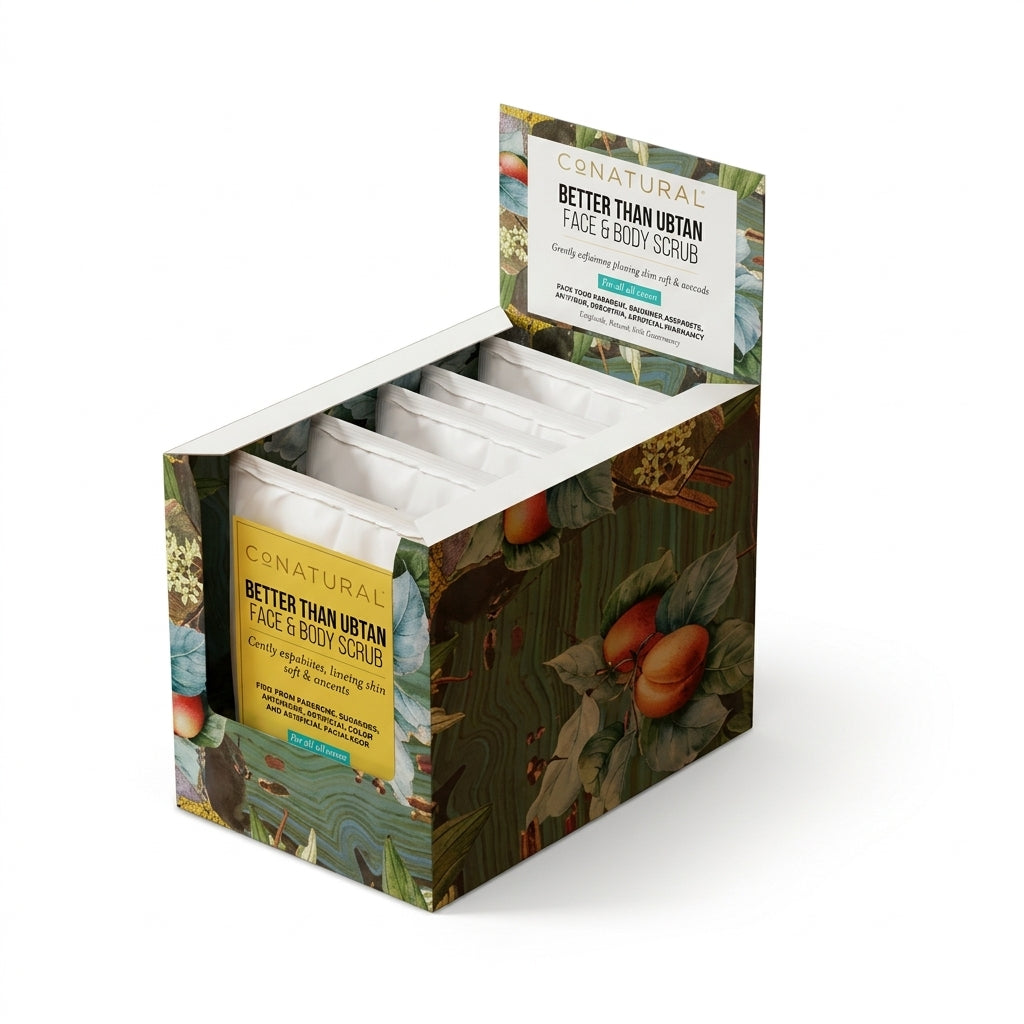 A retail display box of CANATURAL Better Than Ubtan Face & Body Scrub, showing multiple individual white packets arranged inside a decorative box with botanical illustrations.