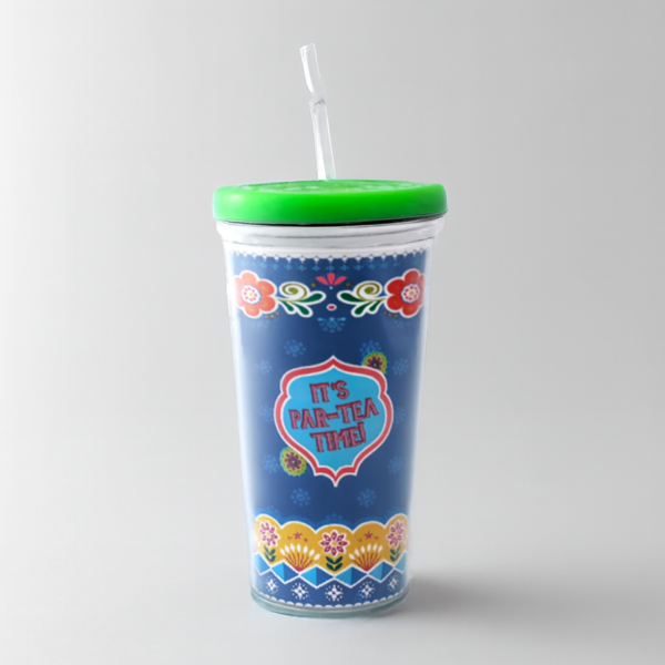Vibrant Coco Straw Tumbler with a green lid, floral accents, and 'It's Par-Tea Time' slogan, ideal for enjoying your favorite drinks. 500ml reusable tumbler for easy hydration