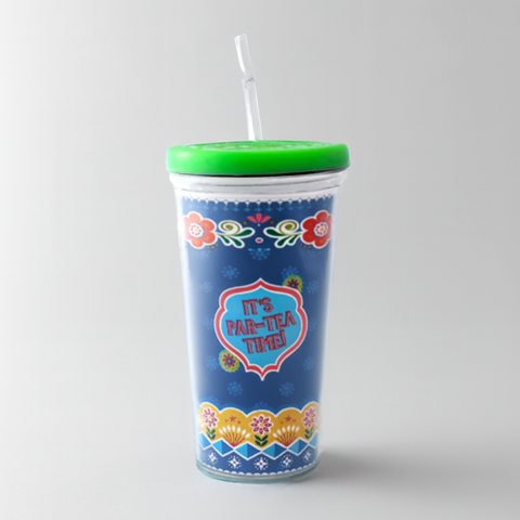 Vibrant Coco Straw Tumbler with a green lid, floral accents, and 'It's Par-Tea Time' slogan, ideal for enjoying your favorite drinks. 500ml reusable tumbler for easy hydration