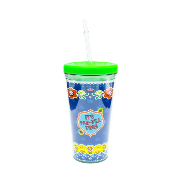 Colorful Coco Straw Tumbler with green lid and floral design, featuring the text 'It's Par-Tea Time', perfect for serving tea or refreshing beverages. 500ml capacity tumbler for on-the-go use.