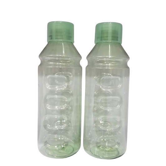 Two transparent water bottles with a green caps. the bottles have a textured design and are placed side by side against a white background.