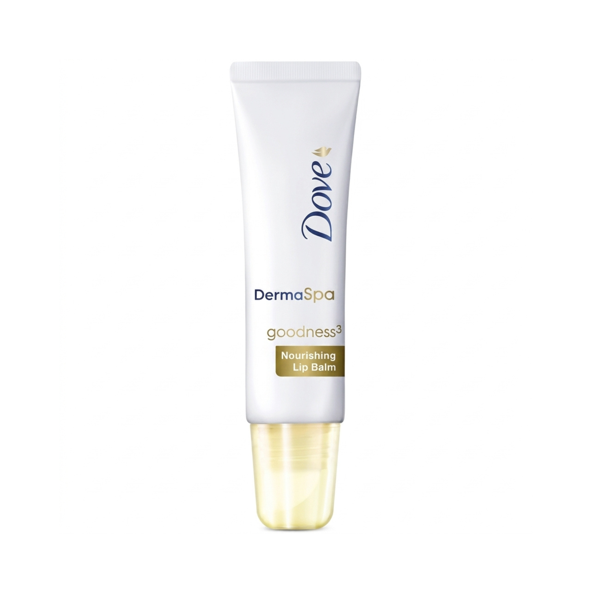 Dove DermaSpa Goodness Nourishing Lip Balm in a white squeeze tube with a gold cap, shown on a plain white background.