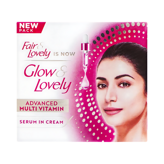 Fair & Lovely Glow & Lovely skincare product packaging with a woman's face on a white background