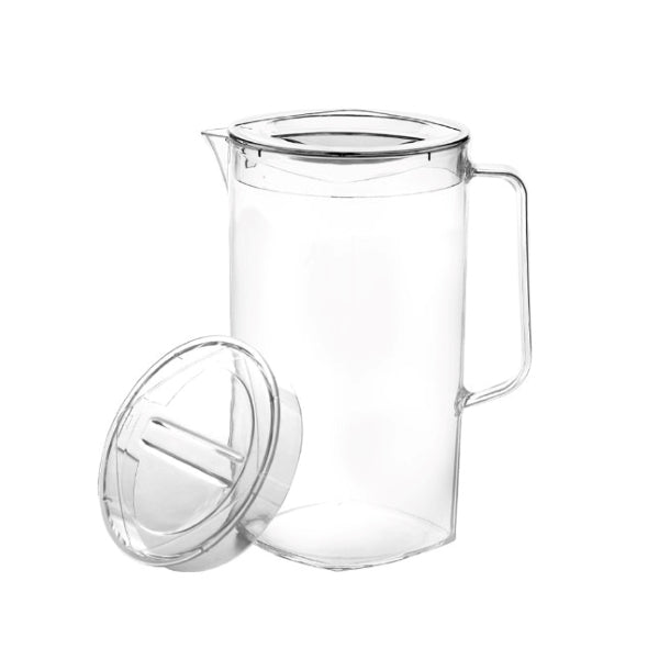 A clear, empty acrylic jug with a matching lid placed on a white background. the jug has  a simple design with a spout and handle.