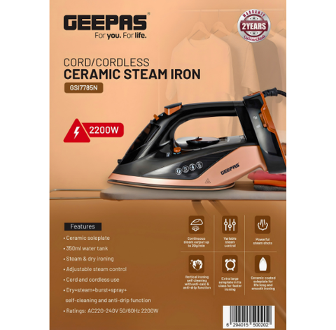 GEEPAS CORD/CORDLESS CERAMIC STEAM IRON GSI7785N 2200W