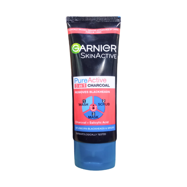 Garnier Pure Active 3 In 1 Charcoal Removes Blackheads Face Wash, Scrub And Mask 100ml