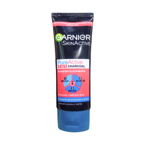 Garnier Pure Active 3 In 1 Charcoal Removes Blackheads Face Wash, Scrub And Mask 100ml