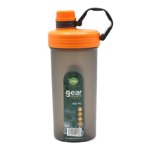 A grey sports water bottle with an orang cap and handle, labeled "gear sports bottle 850ml." The bottle is placed on a white background.