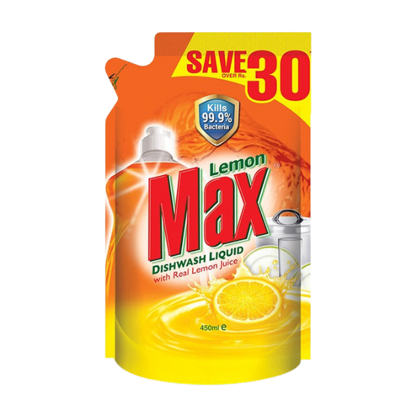 Lemon Max Dishwash Liquid Ultra 450ml Pouch