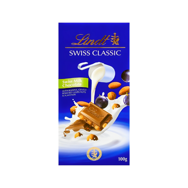 Lindt Swiss Milk Chocolate With Raisin Roasted Hazelnuts And Almonds 100g