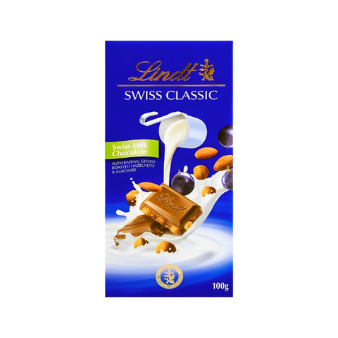 Lindt Swiss Milk Chocolate With Raisin Roasted Hazelnuts And Almonds 100g
