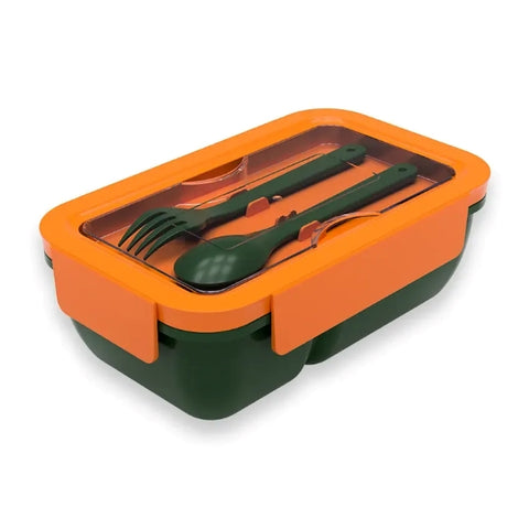 Orange and green 850ML lunch box with built-in utensils, featuring a transparent lid for easy access.