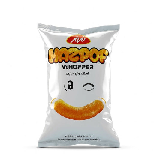 A bag of Mazpof Whopper potato chips on a plain white background. The packaging is white with a red and yellow Mazpof logo, the word 'WHOPPER' in orange and yellow, and an illustration of a smiling orange chip.