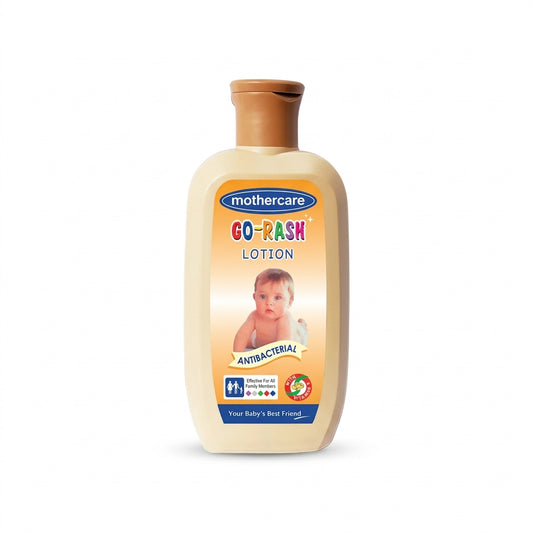 A bottle of Mothercare Go-Rash Lotion Antibacterial baby lotion, featuring a beige body, a brown cap, and a colorful label with a baby photo on a white background.