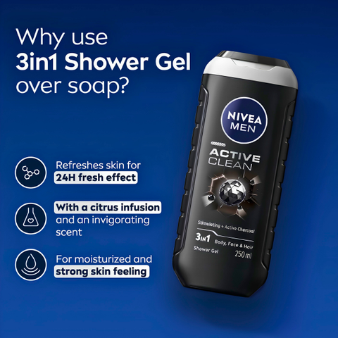 NIVEA MEN ACTIVE CLEAN 3IN1 SHOWER GEL 250ML