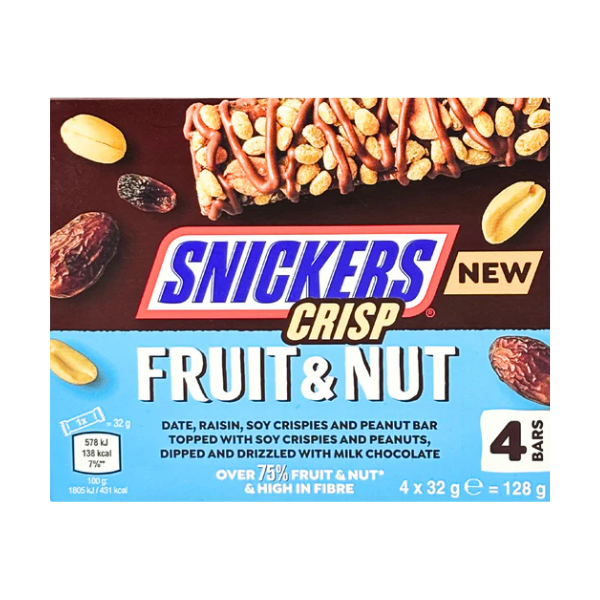 Snickers Crip Fruit And Nut Chocolate 4 Bars 128g