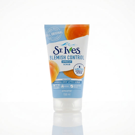 A 150 ml squeeze tube of St. Ives Blemish Control Apricot Scrub, featuring a white and light blue label with illustrations of apricots, set against a clean white background with a soft reflection.