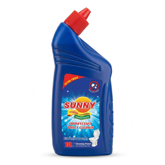 A blue plastic bottle of Sunny Strong Disinfectant Toilet Cleaner with a red cap, shown on a plain white background.