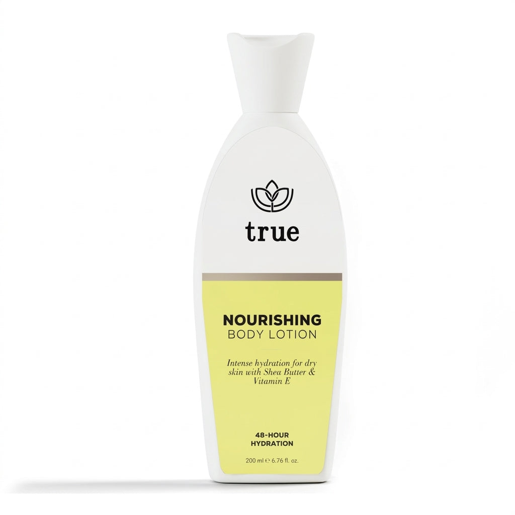 A white bottle of true brand Nourishing Body Lotion with a pale yellow lower label, shown on a clean white background.