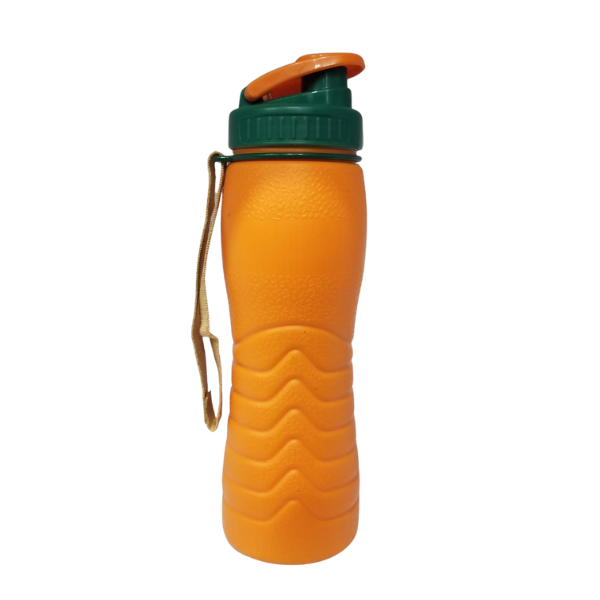 an orange sports bottle with a green cap, featuring a textured body with wavy patterns. the bottle has a strap attached for easy carrying and is placed against a white background.