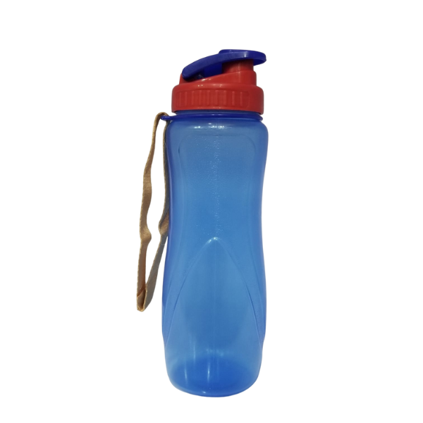 A close up of blue water bottle with a red cap featuring a beige carrying strap. The bottle is placed on white background.