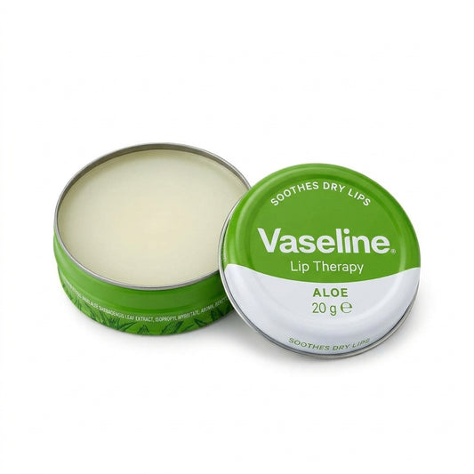 Vaseline Aloe lip balm in a round green tin, with the lid placed beside the open container showing the balm inside, on a white background.