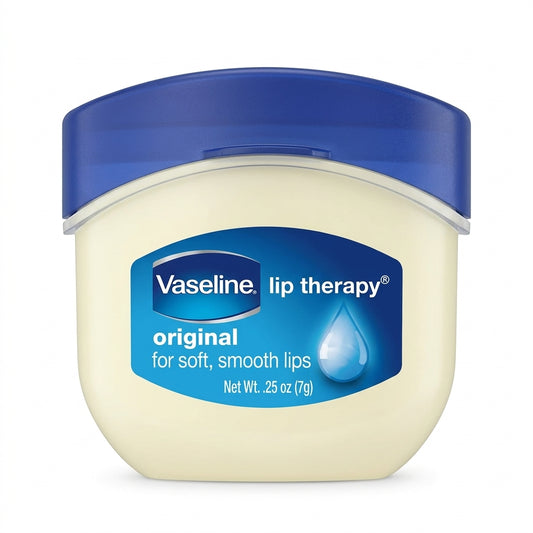 Vaseline Lip Therapy Original balm in a 25 oz jar with a cream-colored body and a blue lid, shown on a white background.