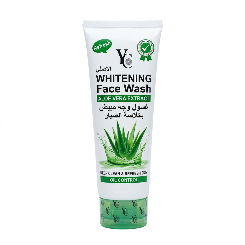 A white squeeze tube of YC Beauty Whitening Face Wash with Aloe Vera Extract, featuring green and black text and a green aloe vera graphic on a white background.