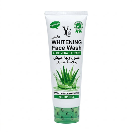 A white squeeze tube of YC Beauty Whitening Face Wash with Aloe Vera Extract, featuring green and black text and a green aloe vera graphic on a white background.