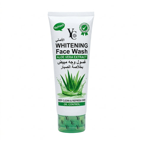 A white squeeze tube of YC Beauty Whitening Face Wash with Aloe Vera Extract, featuring green and black text and a green aloe vera graphic on a white background.