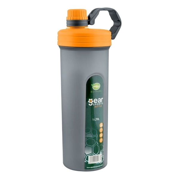 A grey sports bottle with an orange cap and a handle. the bottle features a label with tesxt " Gear Sports Bottle 1 Ltr" and is shown on a white background