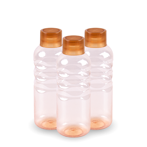 Set of three clear, plastic water bottles with orange-colored screw-on caps, featuring a textured design along the sides