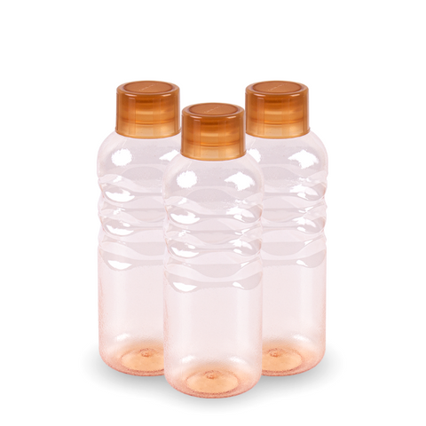 Set of three clear, plastic water bottles with orange-colored screw-on caps, featuring a textured design along the sides