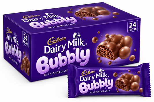 Cadbury Dairy Milk Bubbly 24-pack box and bar