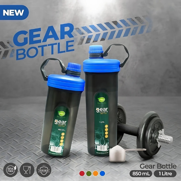 A promotional image featuring two gear sports bottles ( one is 850ml and one is 1 ltr ) with blue caps. the bottles are placed on a textured, industrial background with a dumble nearby, showcasing their durability and design.