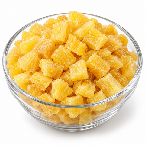 Diced dried pineapple in a glass bowl