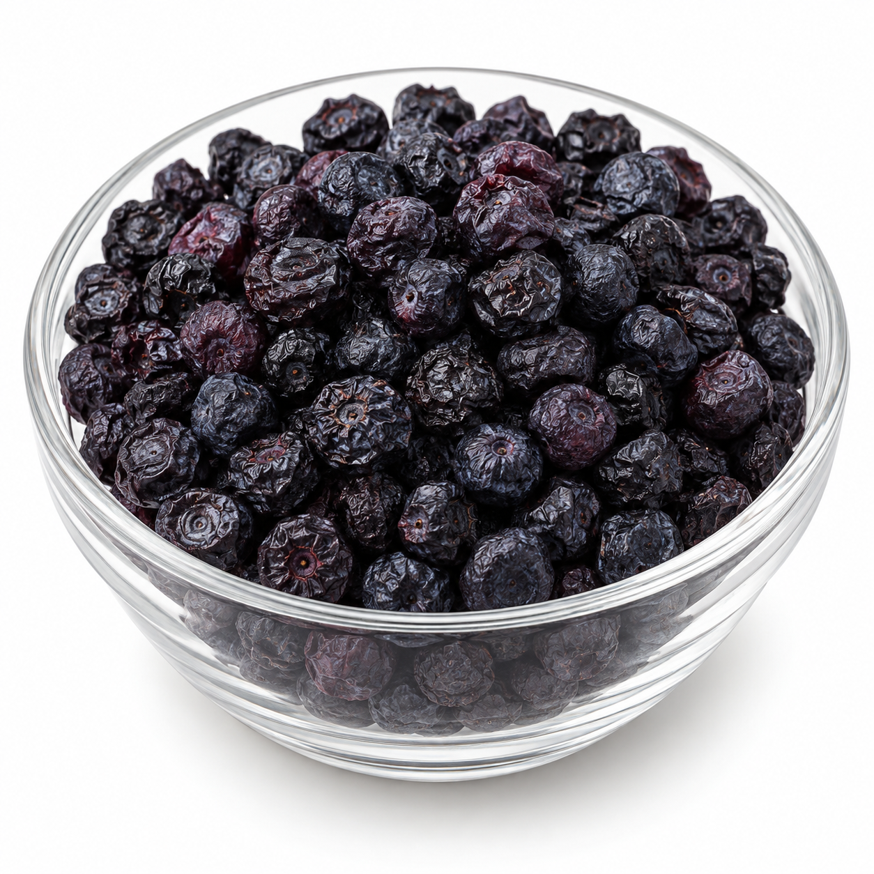 Dried blueberries in a glass bowl