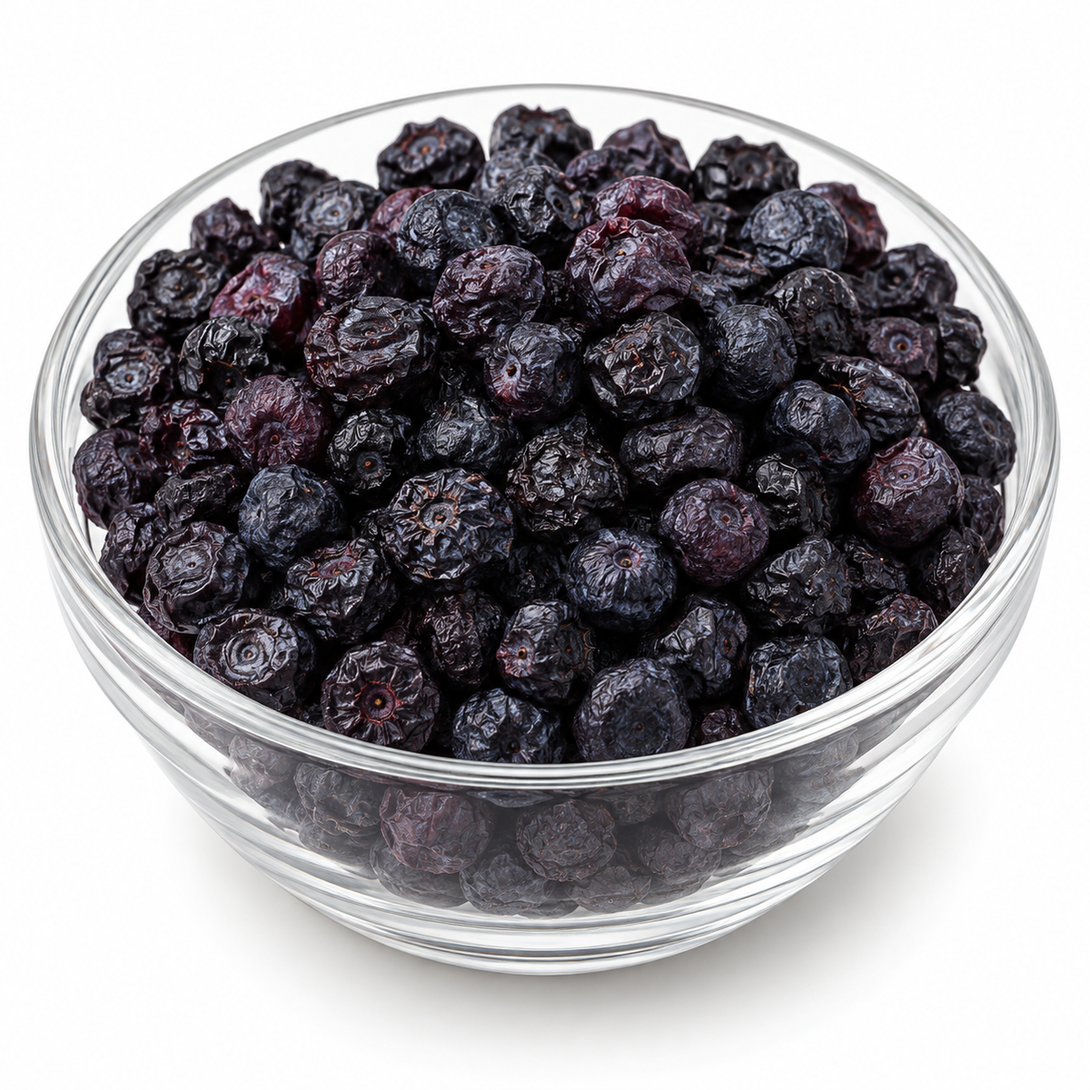 Dried blueberries in a glass bowl